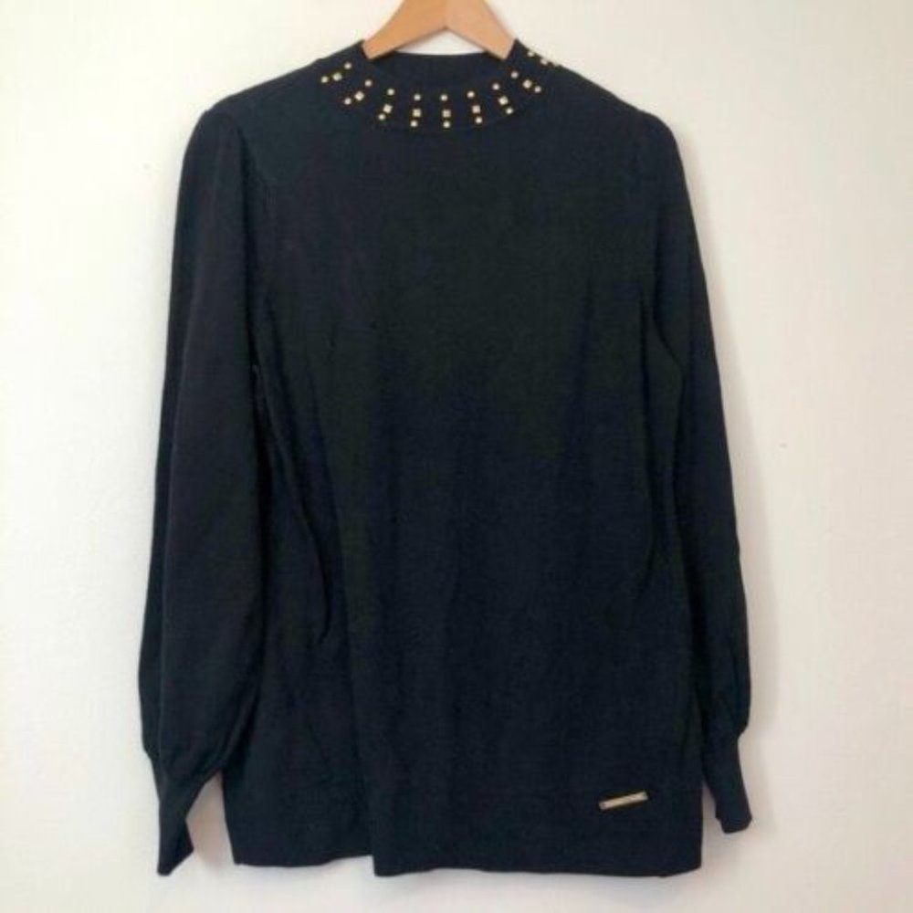 NEW ADRIENNE VITTADINI Black Gold Studded Long Sleeve Sweater Women's Si…